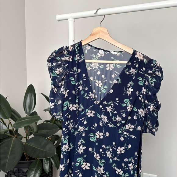 All in Favor Ruched Sleeve Deep V Floral Midi Dress - Picture 1 of 7